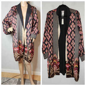 NWT Chico's Open Front Damask Print Drape Jacket Size XL (3) Black Pink Red